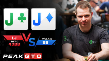 Poker showdown banner: two cards showing J clubs and J diamonds, 'VS' with Hero 40BB vs Villain SB, PeakGTO logo, and a poker player at a table.