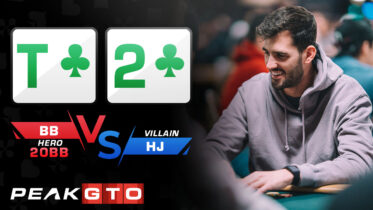 Poker banner featuring two large T♣ and 2♣ cards, with a smiling player at a poker table in the background and PeakGO branding.