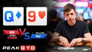 Promo image for a poker match: card icons Q♦ and 9♥ with a background of a focused player at a table and PeakGO branding nearby.