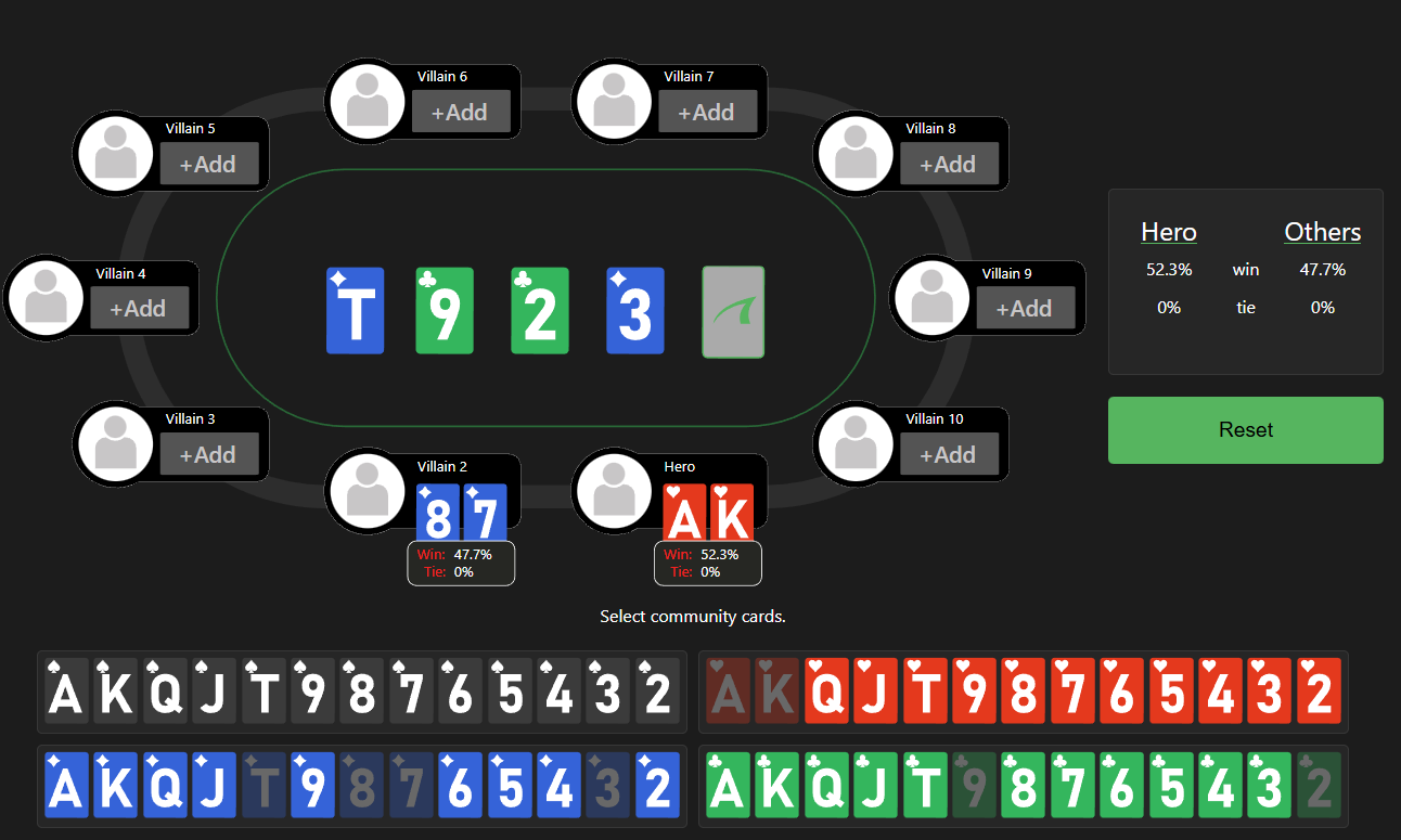 Poker odds calculator: board and community cards with updated equity