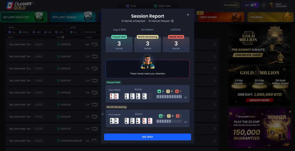 ClubWPT Gold Hand Analysis Credits Model