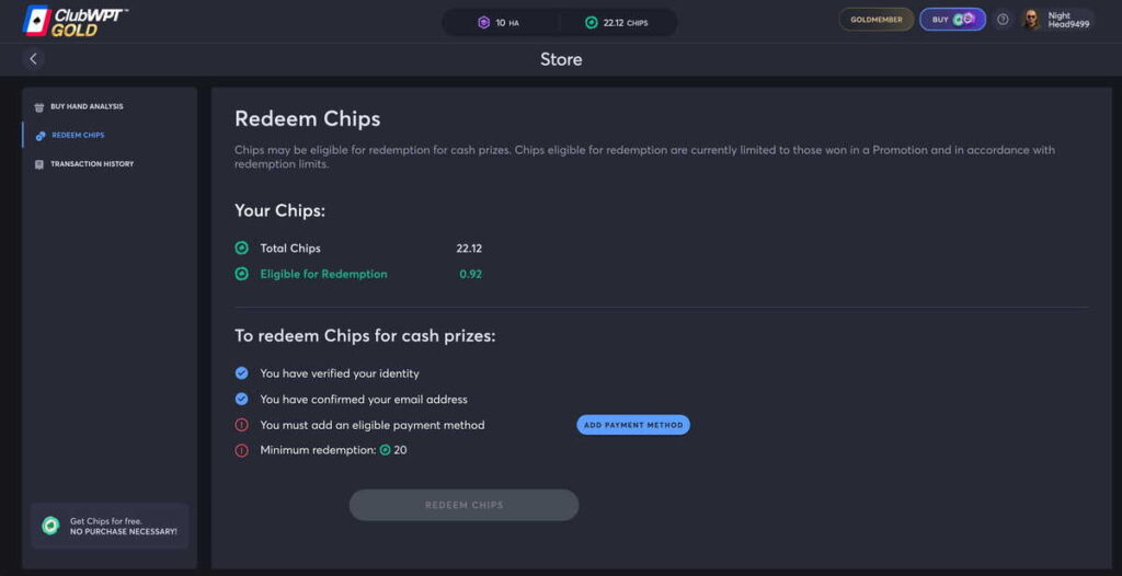 Redeeming Cash Prizes on ClubWPT Gold
