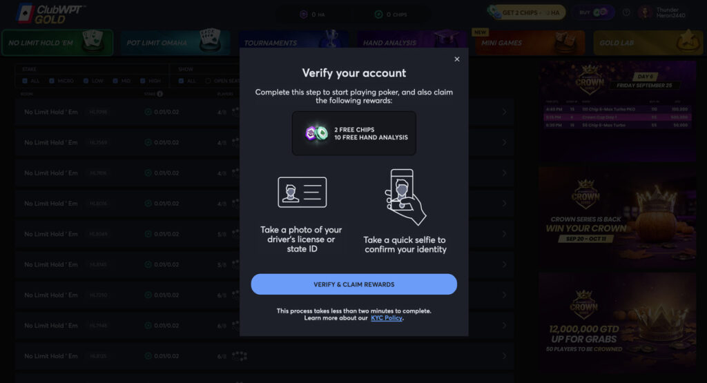 ClubWPT Gold promotions and verification bonus