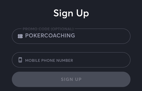 ClubWPT Gold sign up screen with promo code POKERCOACHING and the mobile phone number field