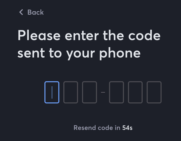 ClubWPT Gold screen asking for the code sent to your phone