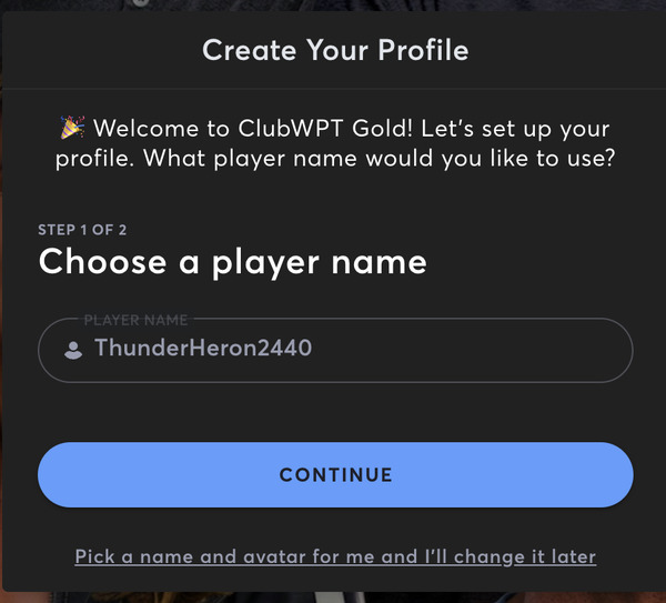ClubWPT Gold create your profile screen where you choose a player name
