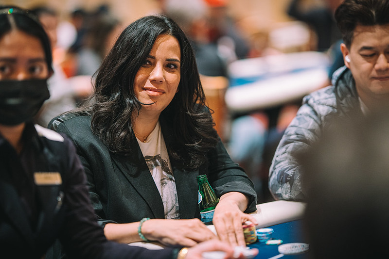 Professional poker player and Global Poker Index 2022 Break Player of the Year Angela Jordison playing in a live poker tournament.