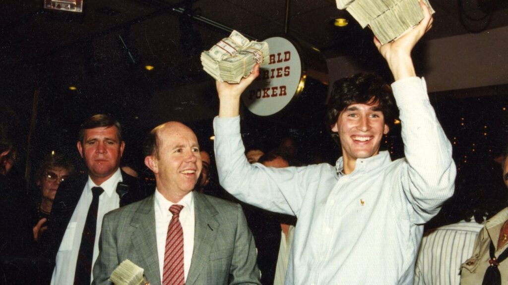 Phil Hellmuth following his victory in the 1989 World Series of Poker Main Event at Binion's Gambling Hall in Las Vegas, Nevada.
